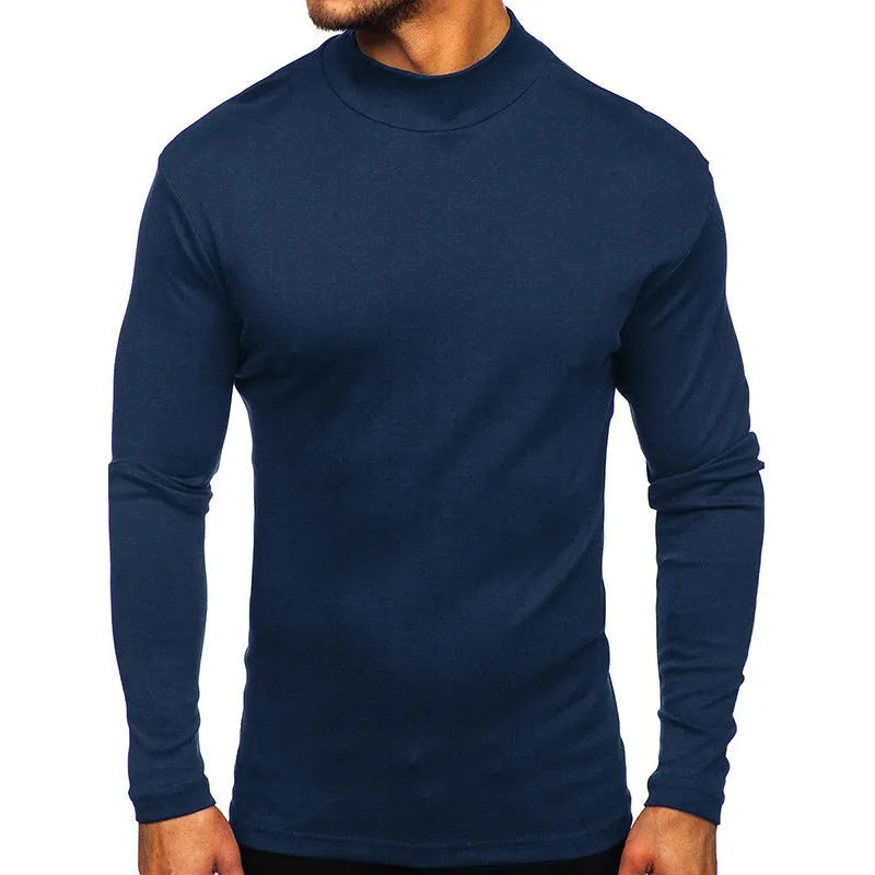 Men's autumn winter Dralon polyester high-neck long-sleeve pullover in solid colour, slim fit, US sizes S-2XL