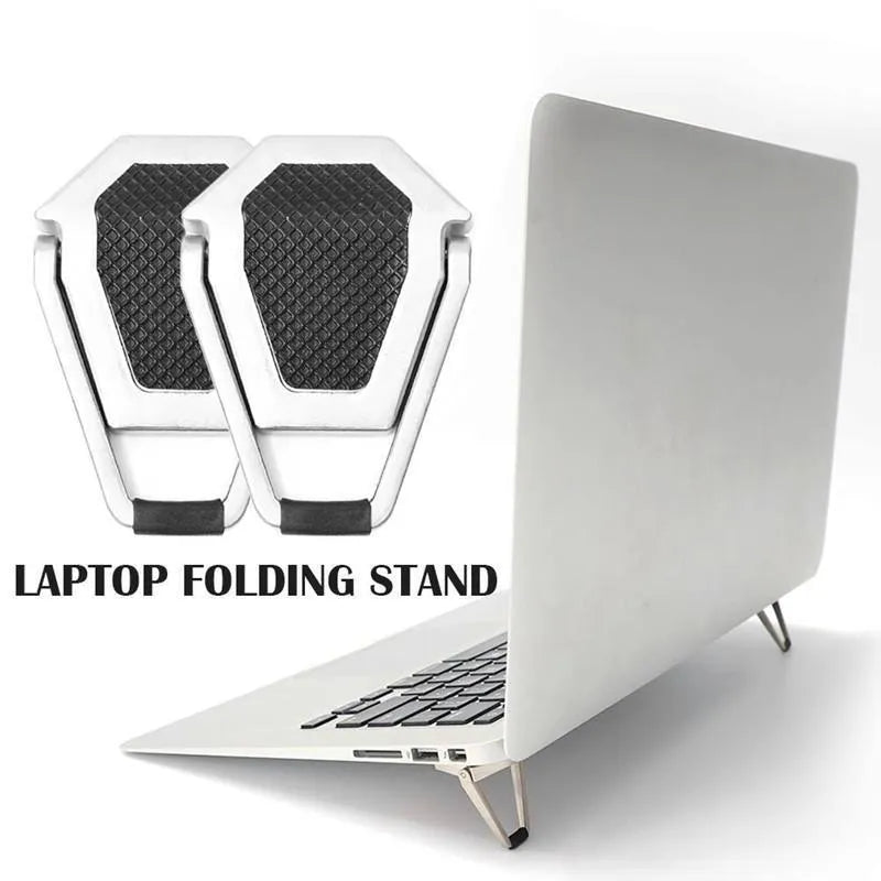 Silver foldable aluminium laptop bracket shown next to 3M adhesive glue on desktop