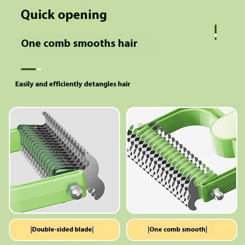Green and grey dog unknotting combs in large and small sizes with stainless steel teeth.