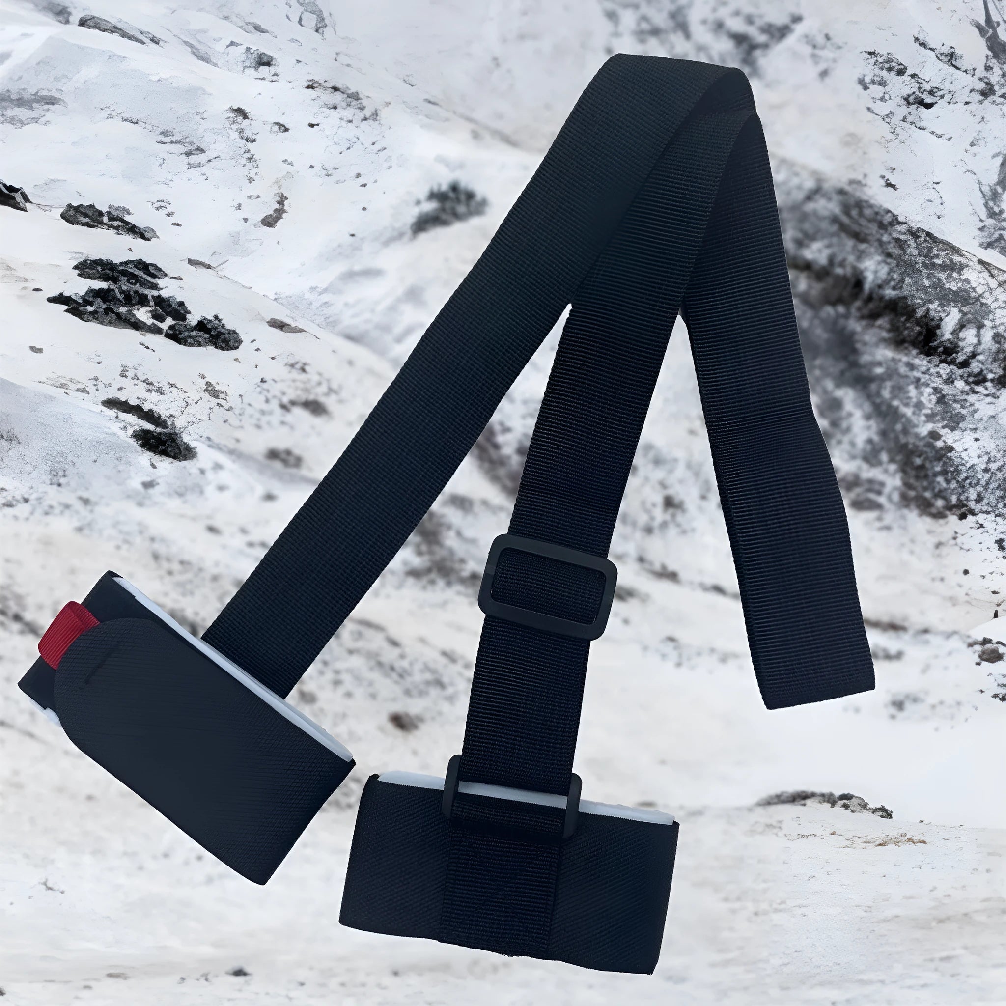 Adjustable shoulder strap for skiing bandages with hook and loop fastening