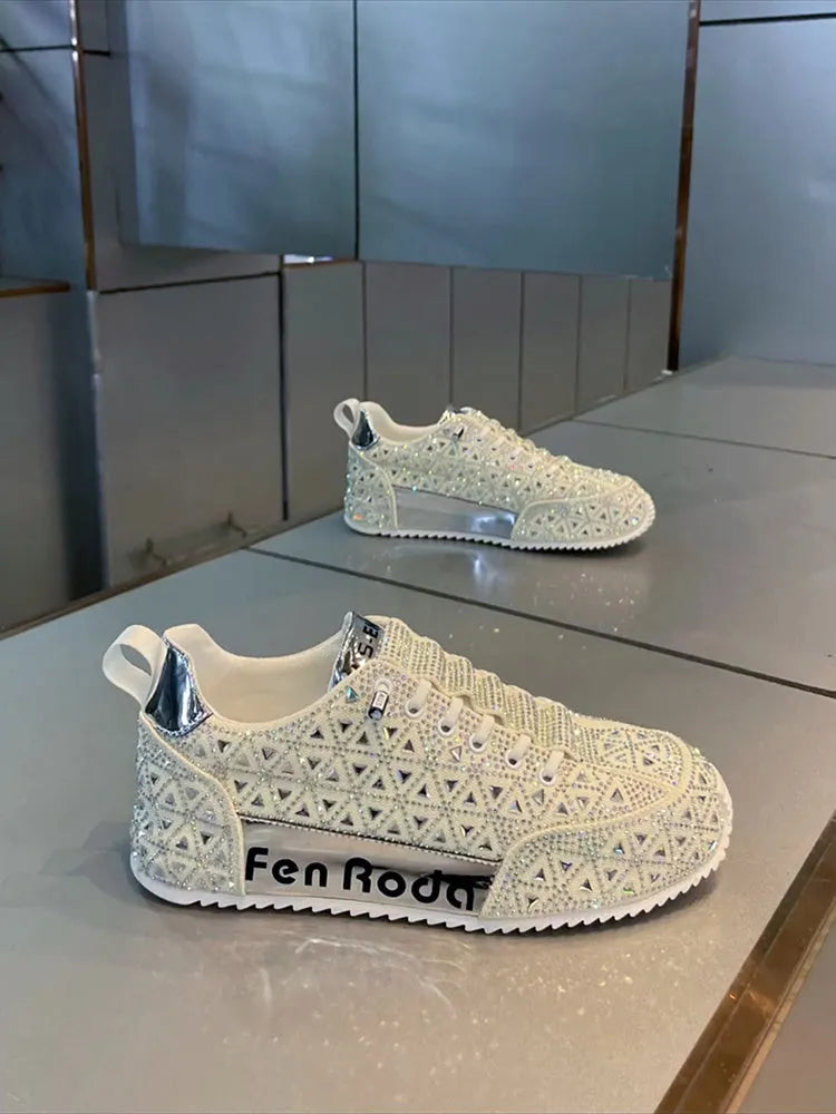 Men's slip-on breathable sneakers with hot drilling cloth surface, round toe, thick bottom rubber sole