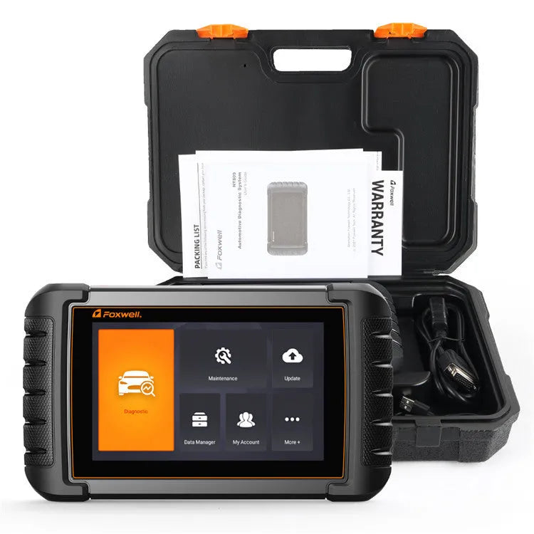 NT809 automotive diagnostic scanner main unit with OBDII adapter and accessories