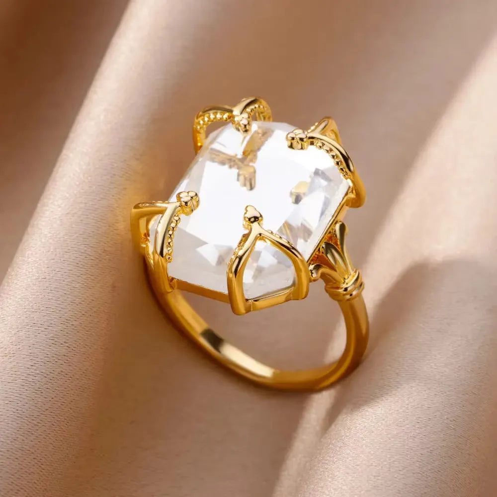 Adjustable 18K gold plated love emerald ring with synthetic zircon for women, open mouth copper design
