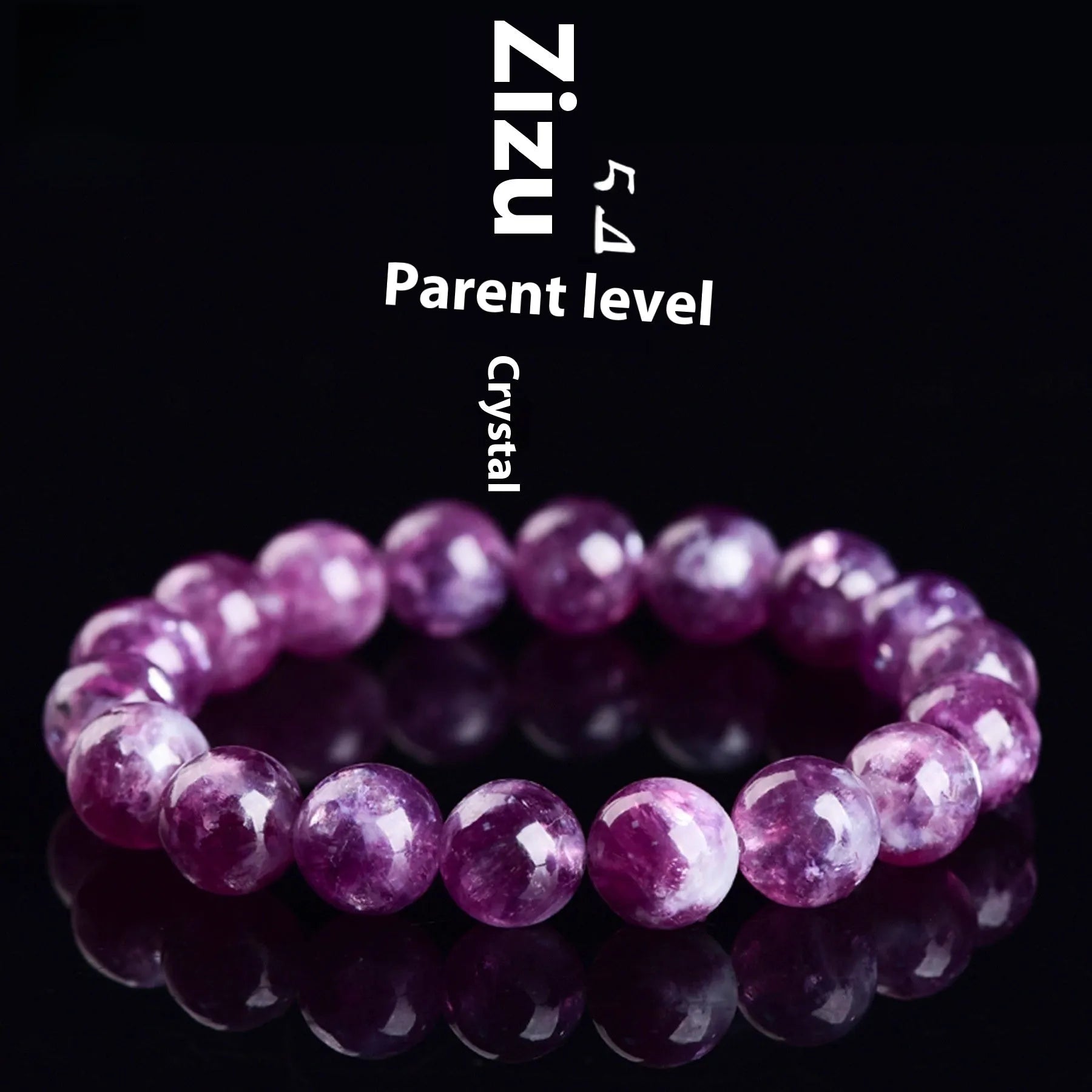 Grandmother crystal bracelet with polished geometric beads in purple on a wrist.