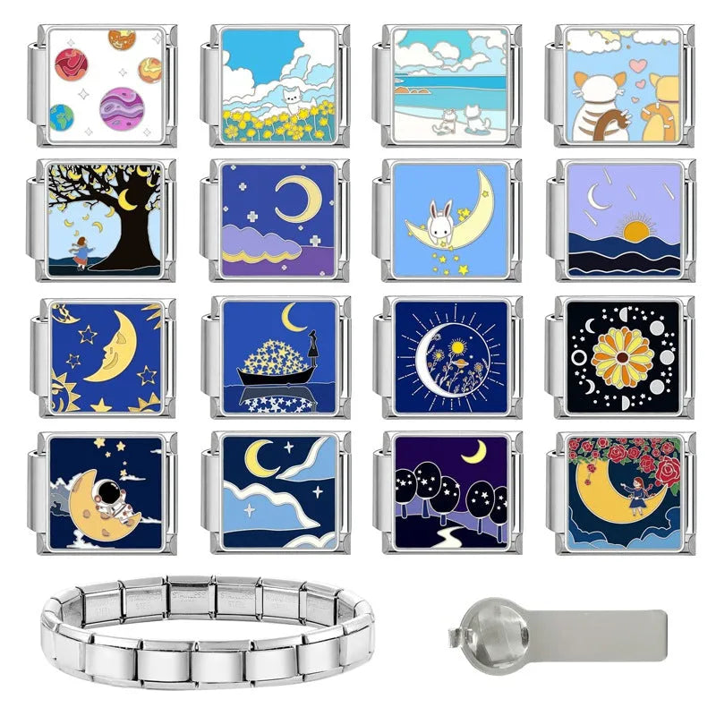 Square stainless steel bracelet module with night sky moon planet totem pattern in dripping oil finish, 1x0.9 cm