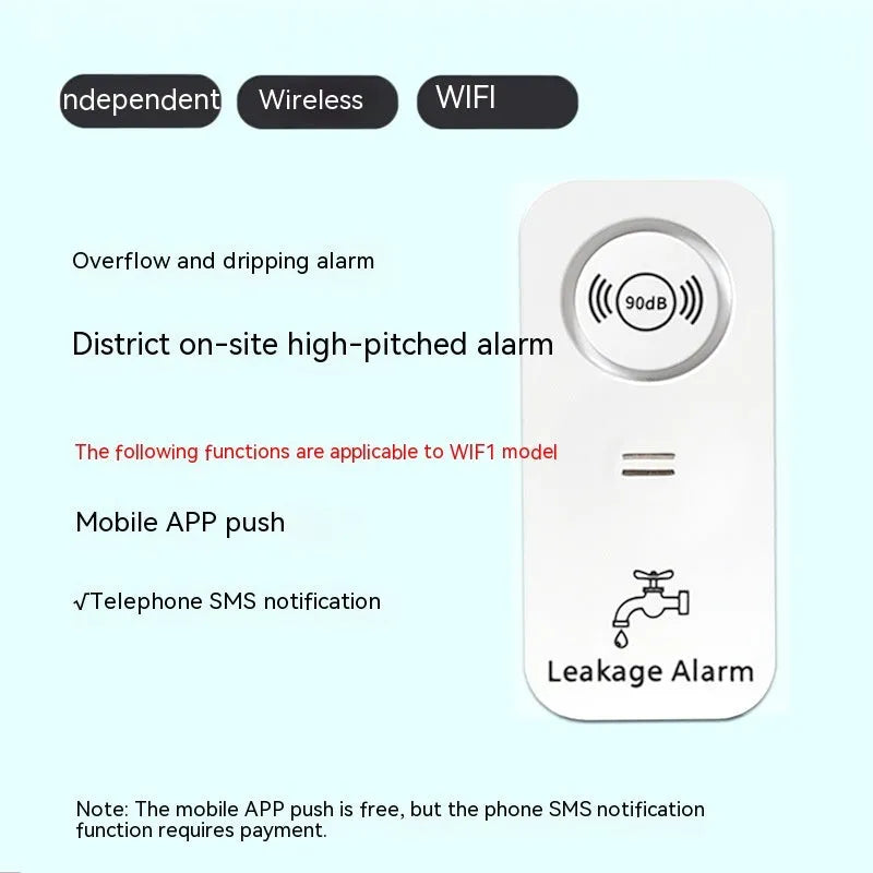 Overflow sensor independent alarm with Graffiti Wi-Fi for water leak detection in homes and warehouses