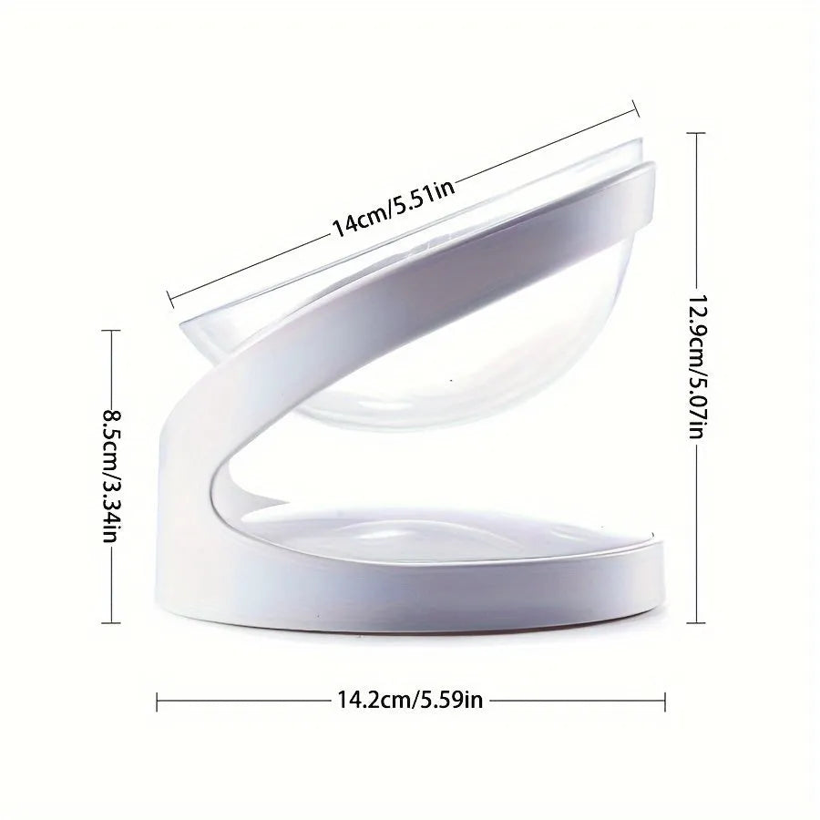 White clear plastic elevated cat food bowl with anti-vomit tilt design on stable base