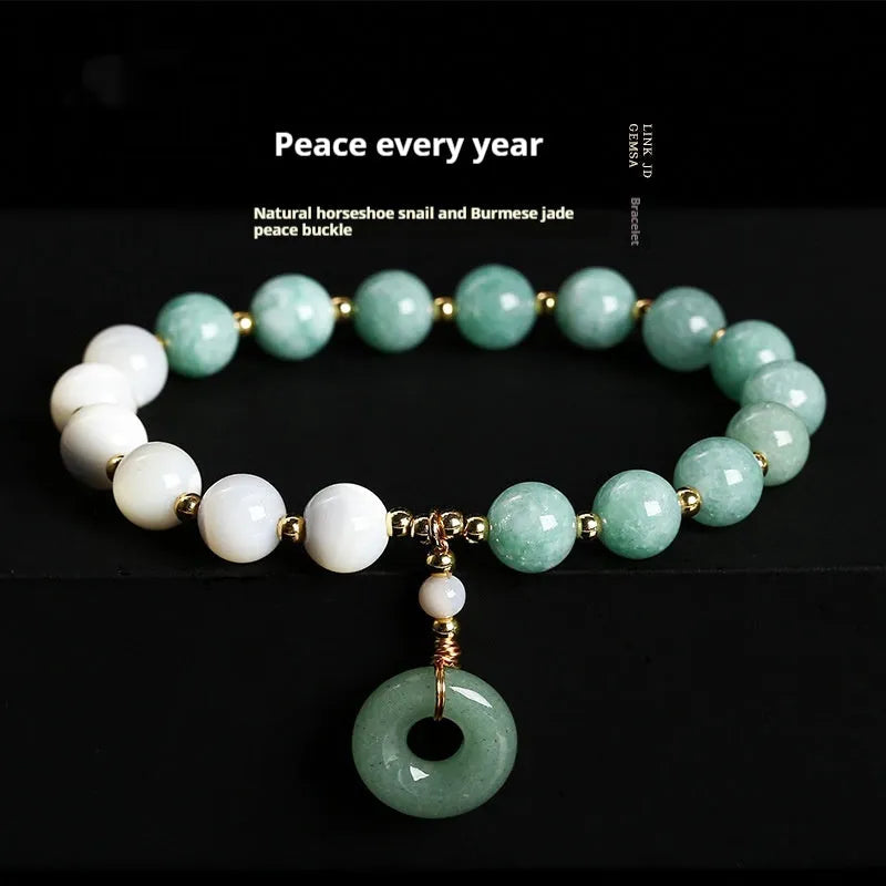 Blue Burma jade bracelet with copper horseshoe screw safety buckle and geometric design