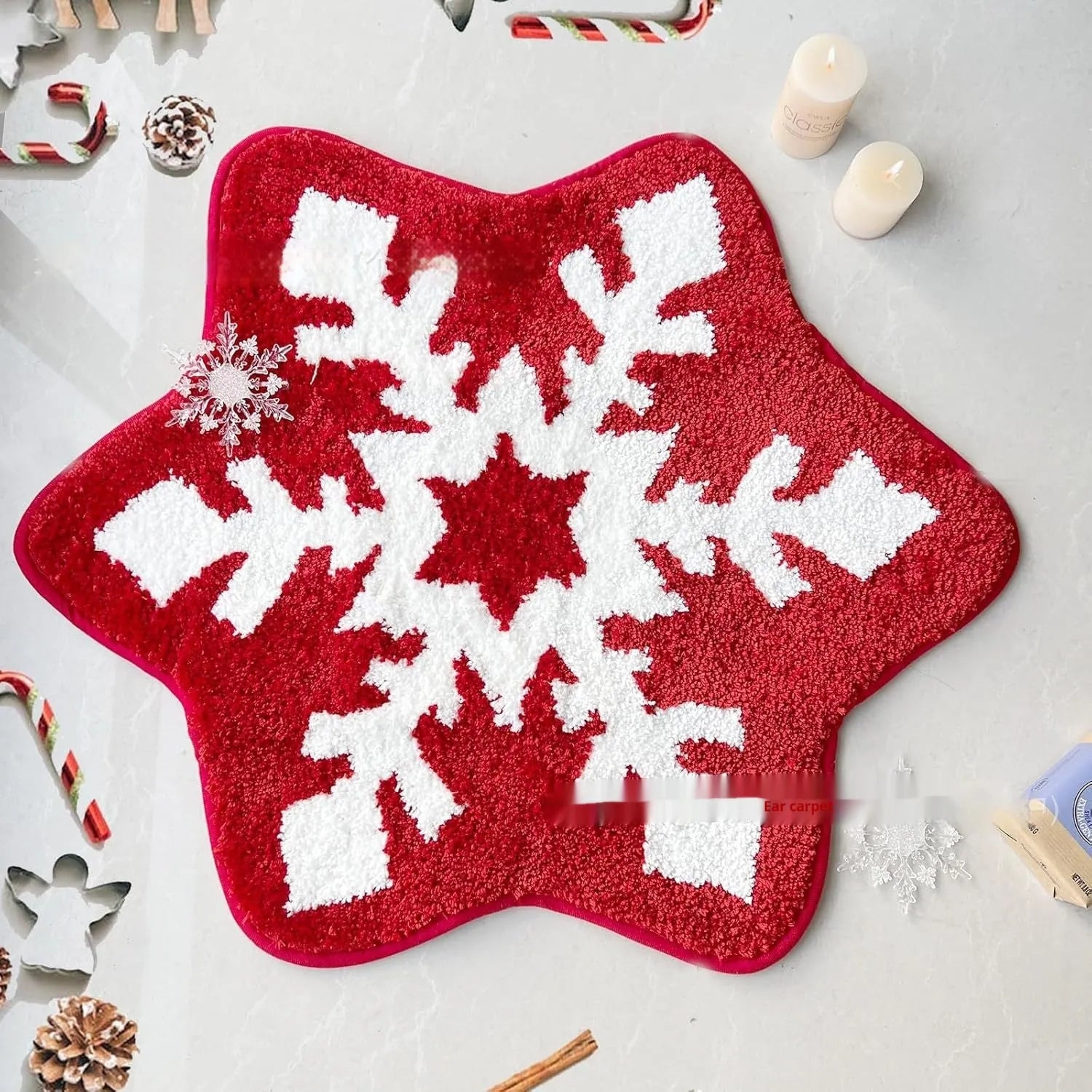 Christmas-themed printed round polyester rug on a wooden floor