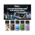 Car air freshener refill kit showing five small 10ml bottles labelled cologne, ocean, vanilla, lavender, and citrus scents.