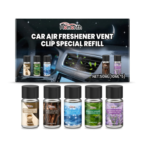 Car air freshener refill kit showing five small 10ml bottles labelled cologne, ocean, vanilla, lavender, and citrus scents.