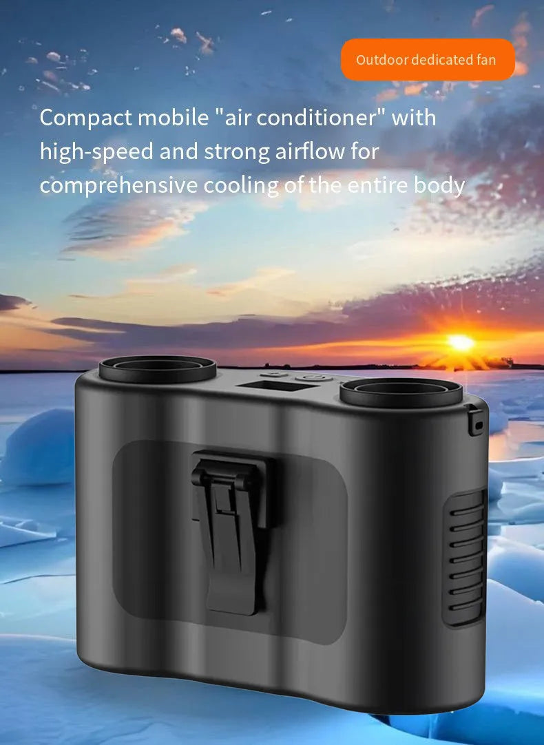 Black waist-hung portable fan with lanyard, shown attached to a belt loop for hands-free cooling outdoors.