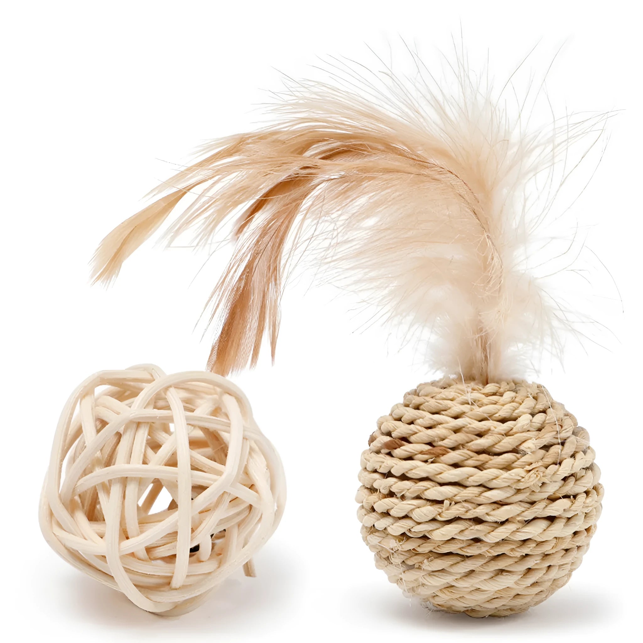Two cat toy balls: one rattan ball and one faux feather ball with bell on a plain background.