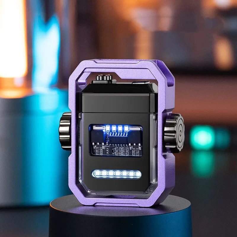 Zinc alloy windproof double arc electric lighter with folding body and rotary gyroscope in five colours blue orange black nickel