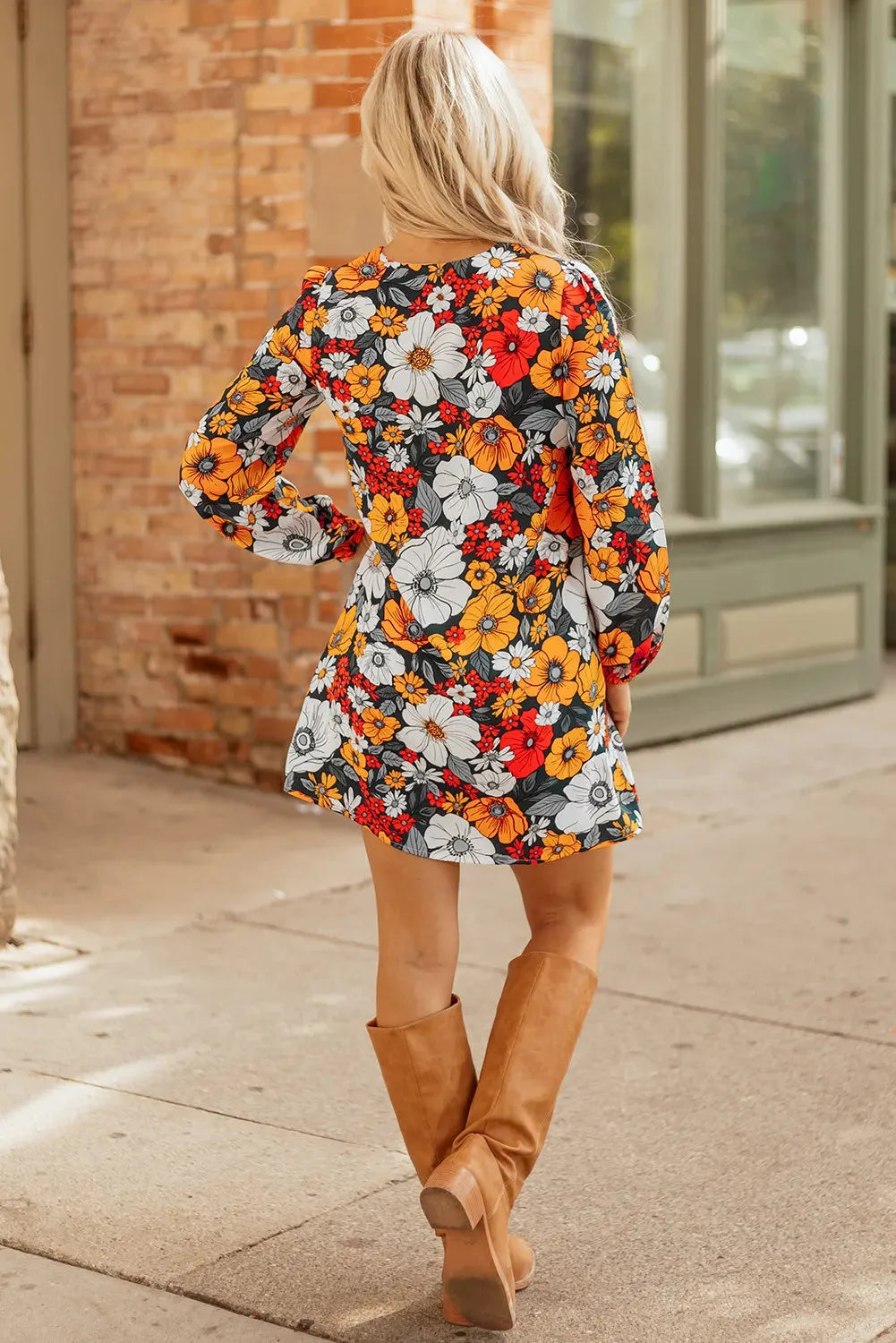 Orange floral print women's mini dress with V-neck and striped lace long sleeves