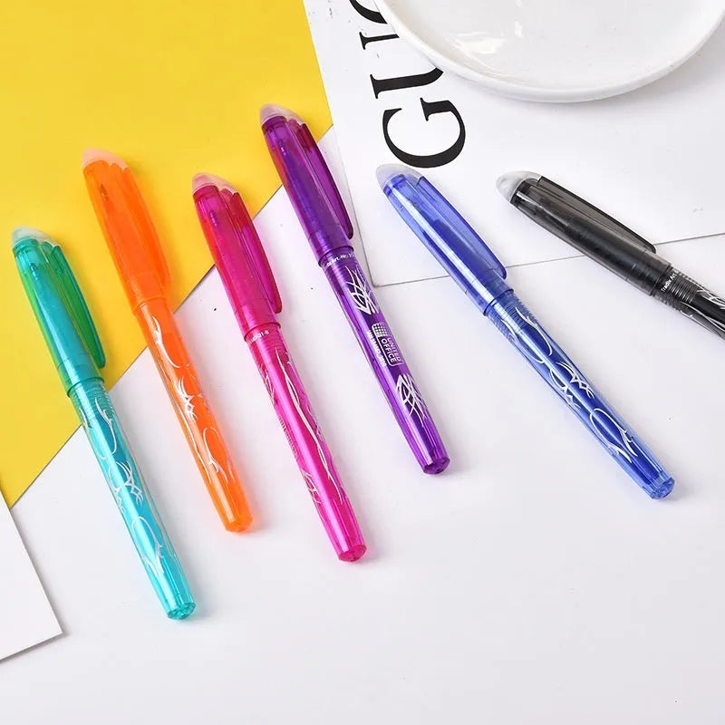 Heat-erasable gel pens with plastic shells and stainless steel nibs in 0.5mm or 0.7mm sizes