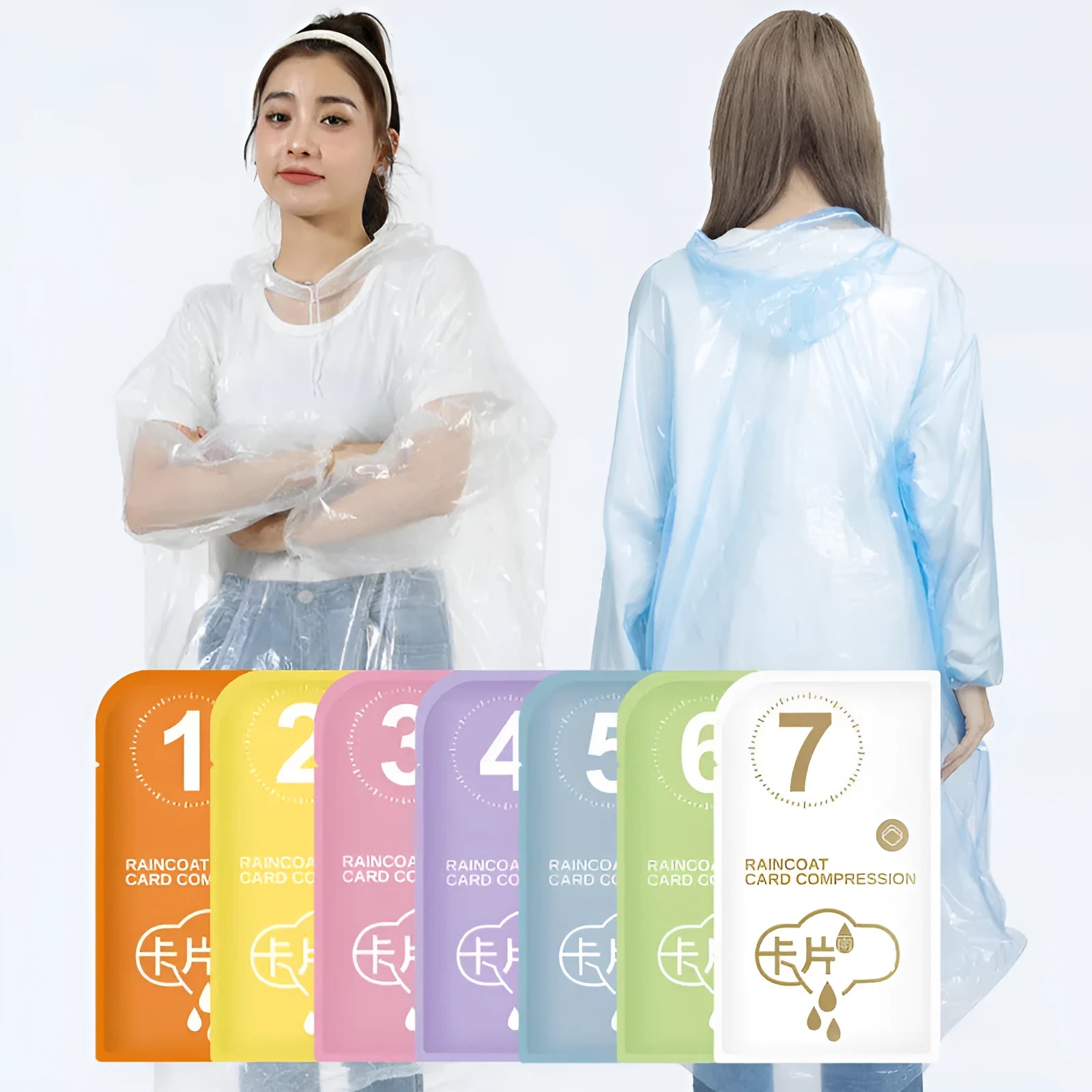 Disposable long full-body raincoat on a portable card, shown in purple, with adult and children size options.