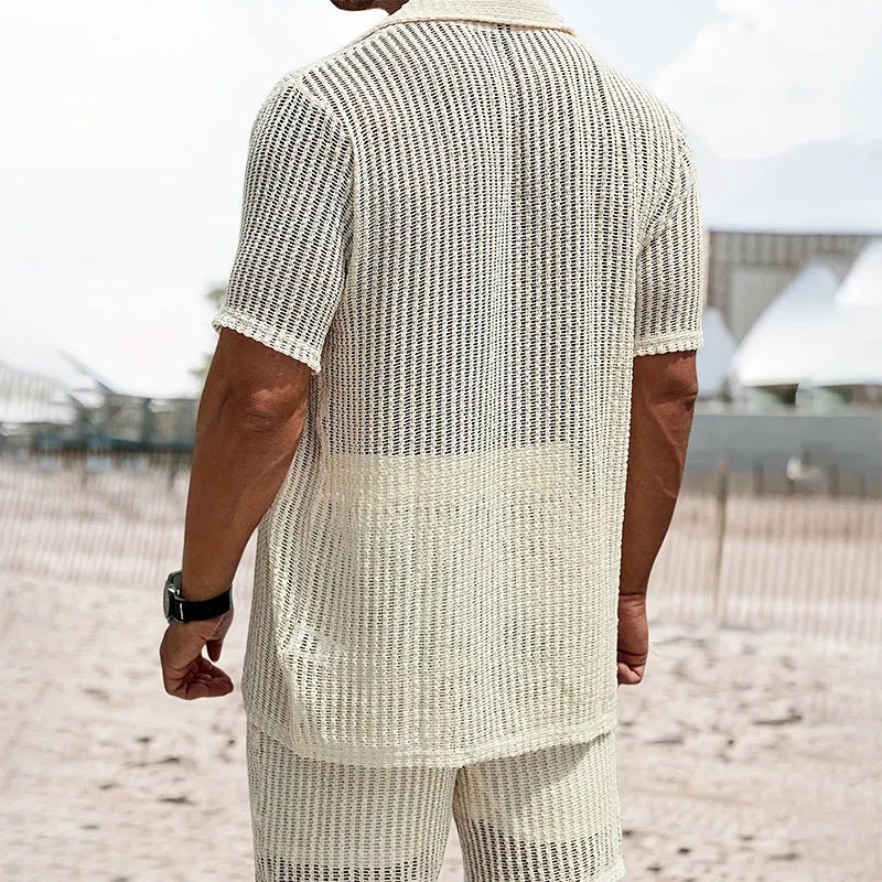 Men's retro light yellow striped Henley shirt with short sleeves and lapel collar, casual loose fit