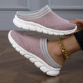 Women's black, pink, and purple Flyknit semi-slipper shoes with striped pattern and hollowed-out design.