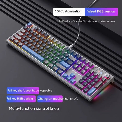 Full-size three-mode mechanical keyboard with ABS casing and Type-C cable on desk