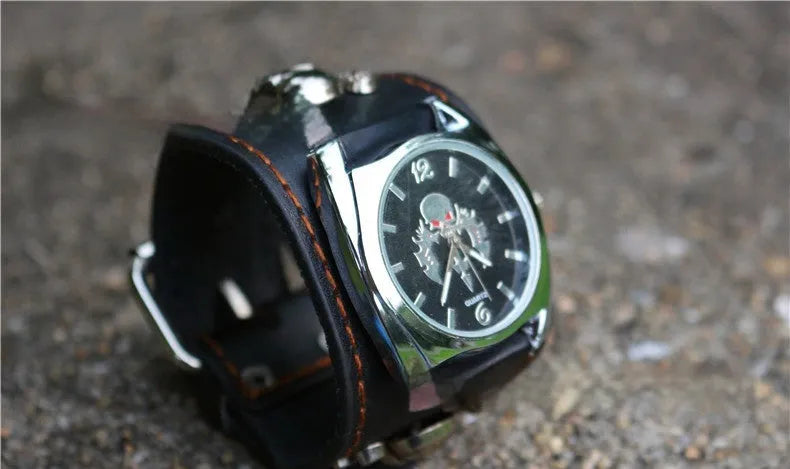 Men's black skull square watch with 10mm thickness on a grey background