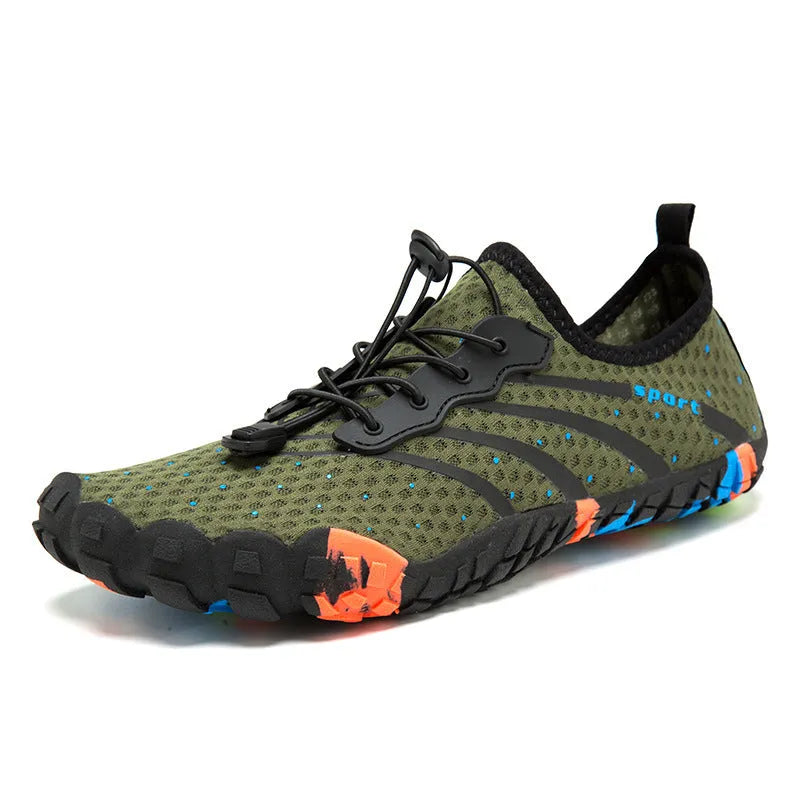 Low-top fast-draining beach shoes in army green with mesh fabric upper and rubber sole.