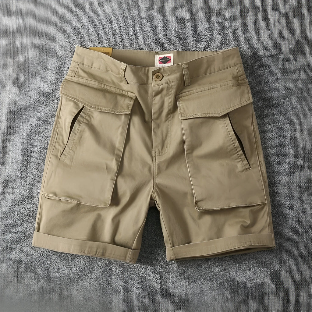 Men's straight-leg cargo shorts in army green with multiple pockets, made from stretch cotton fabric.