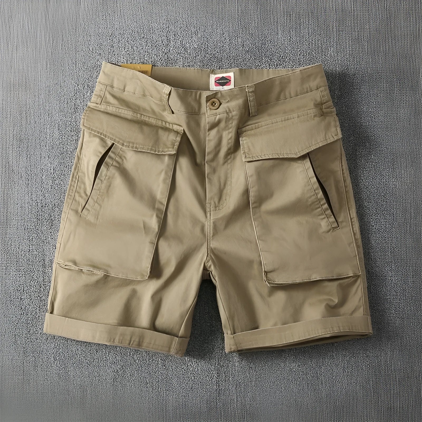 Men's straight-leg cargo shorts in army green with multiple pockets, made from stretch cotton fabric.