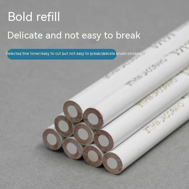 Set of three white charcoal highlighting pencils with wooden casings for sketching.
