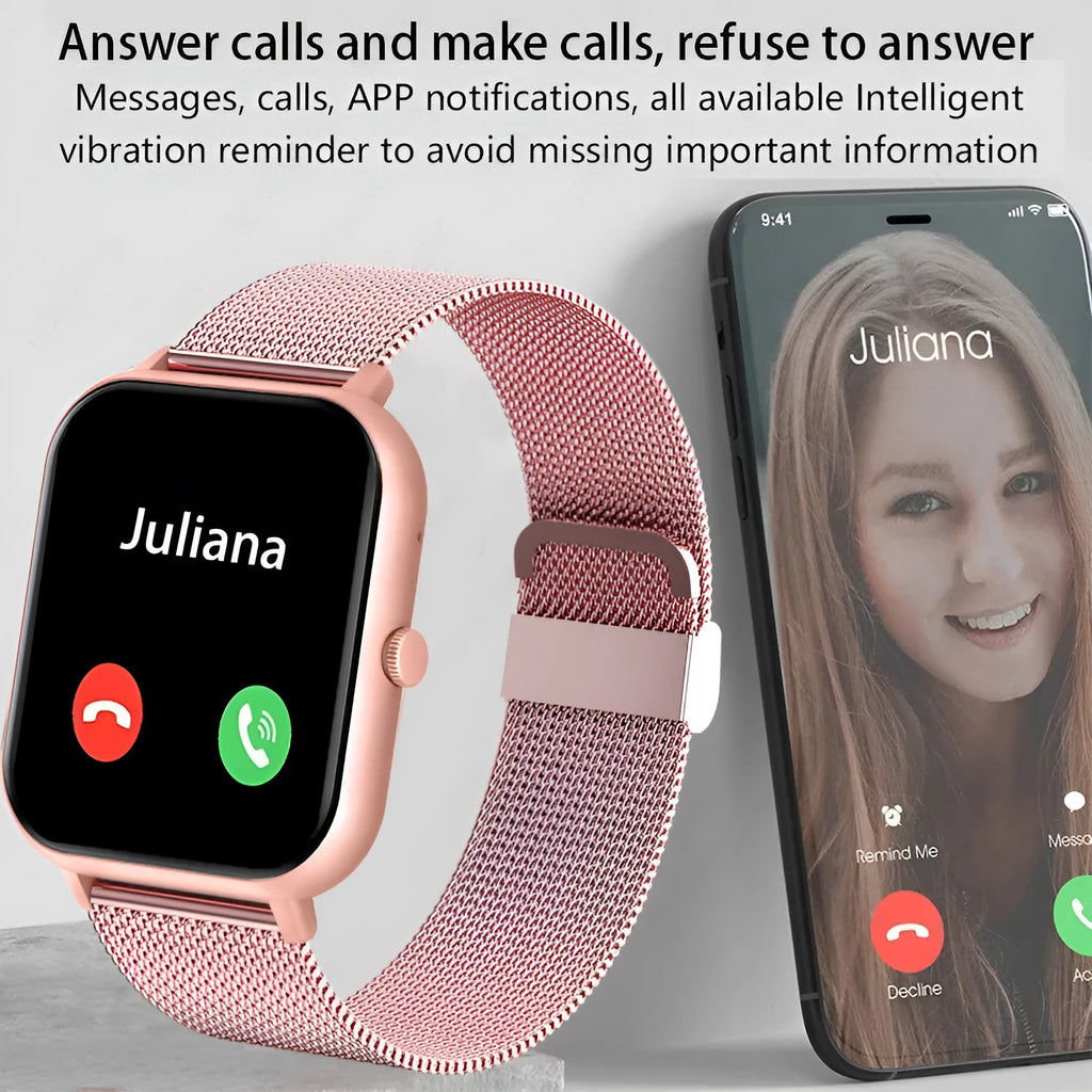 ZL54C smart watch with AMOLED screen displaying health stats, shown with Milan steel strap options.