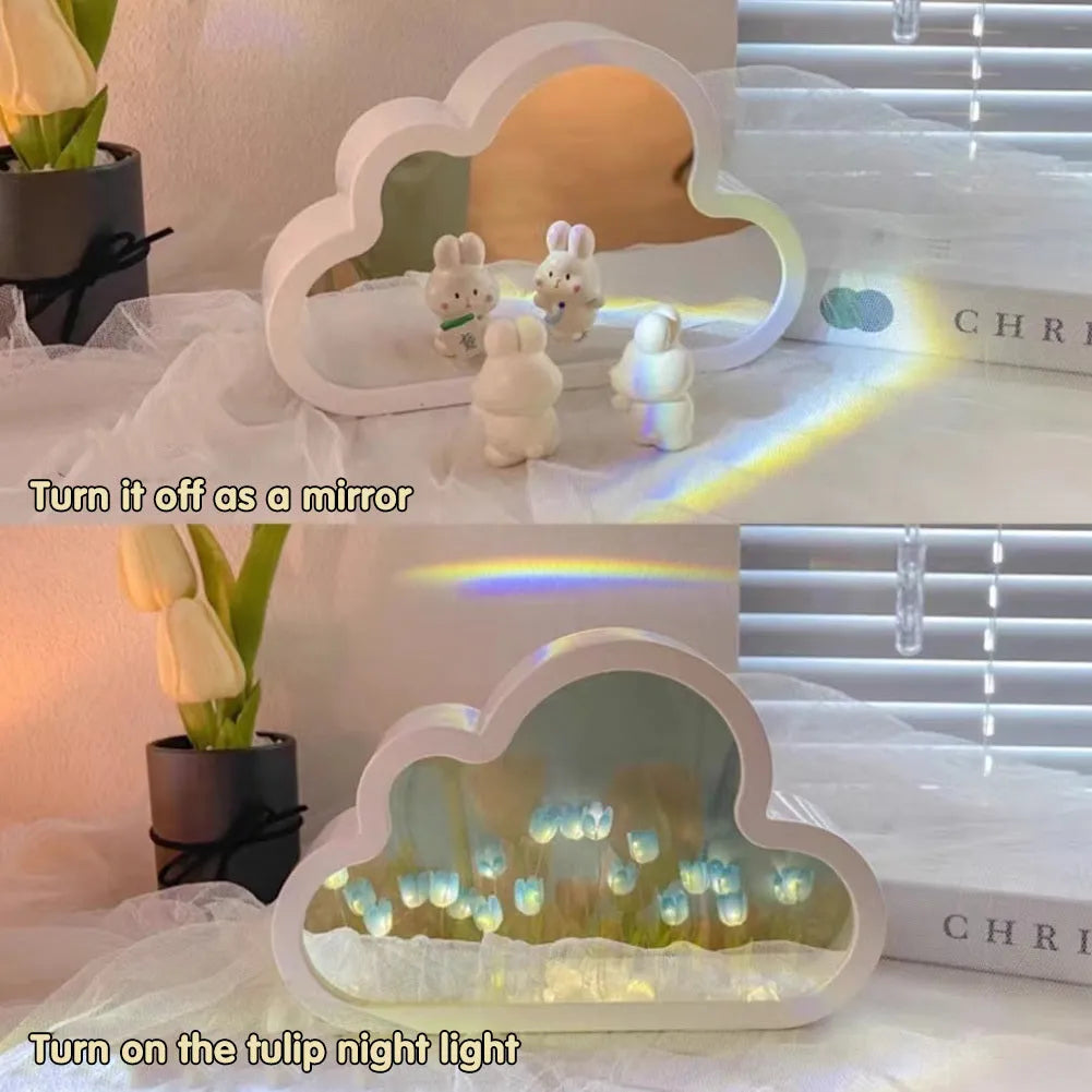 DIY cloud tulip night lamp with decorative mirror and LED light in pink, purple, blue or yellow colours