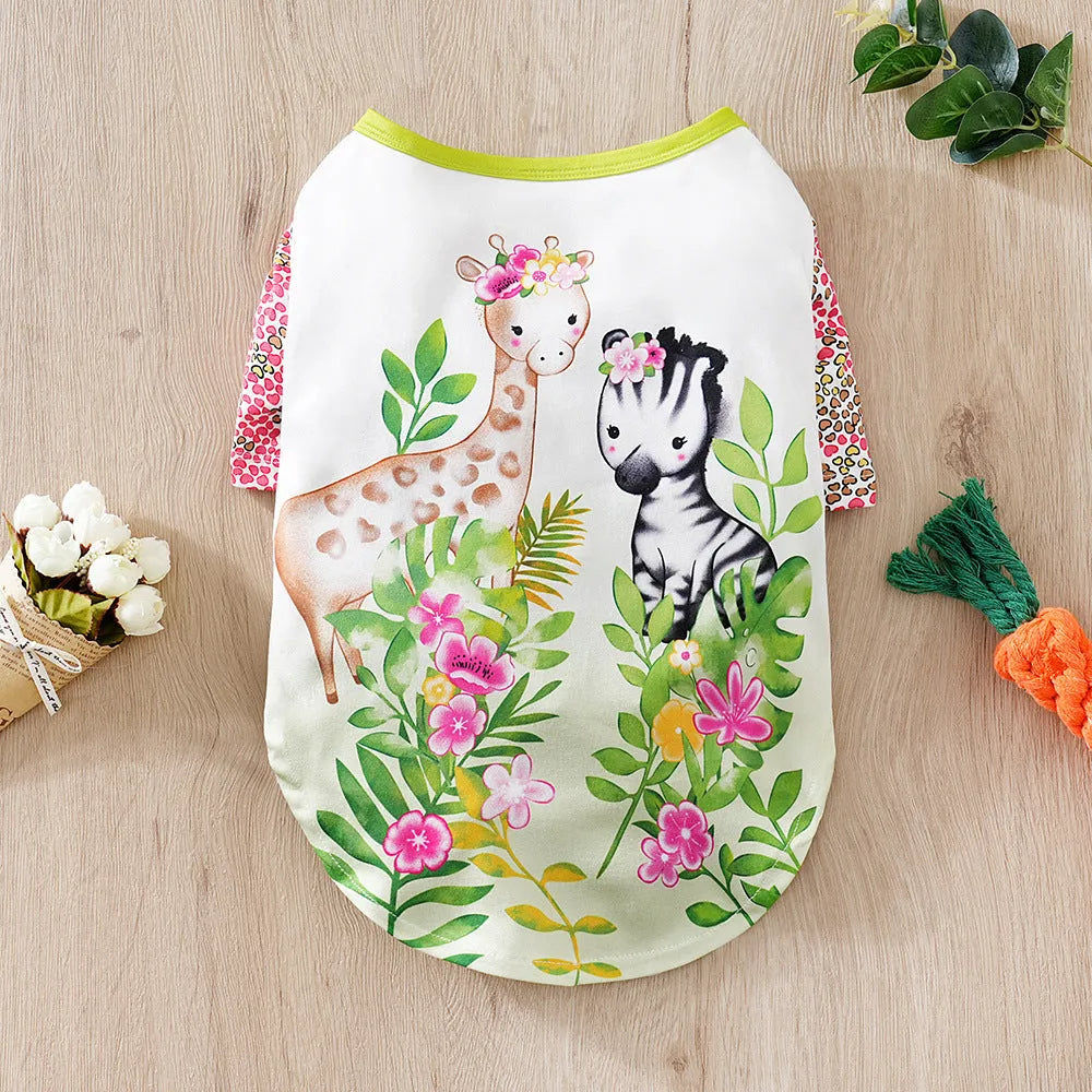 Casual printed dog t-shirt in multiple colours, shown with a sizing chart for small dogs.