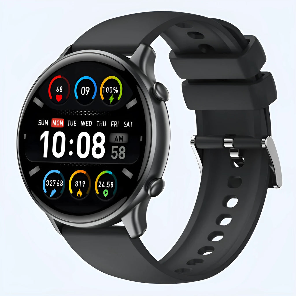 Round touch screen smart sports watch with silicone strap showing heart rate and sleep tracking display