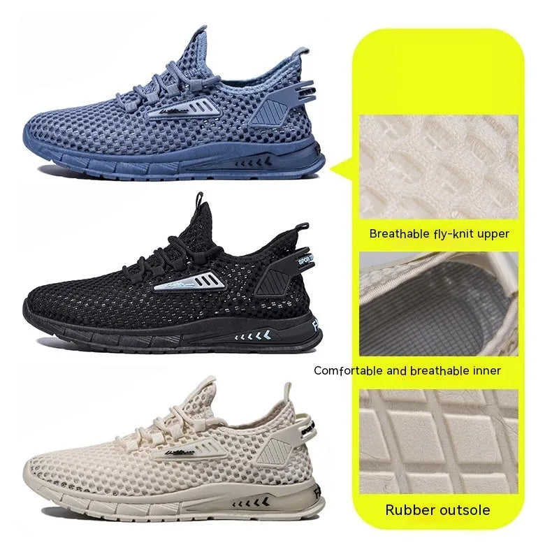 Men's beige casual sneakers with mesh lining and lace-up front on a grey background