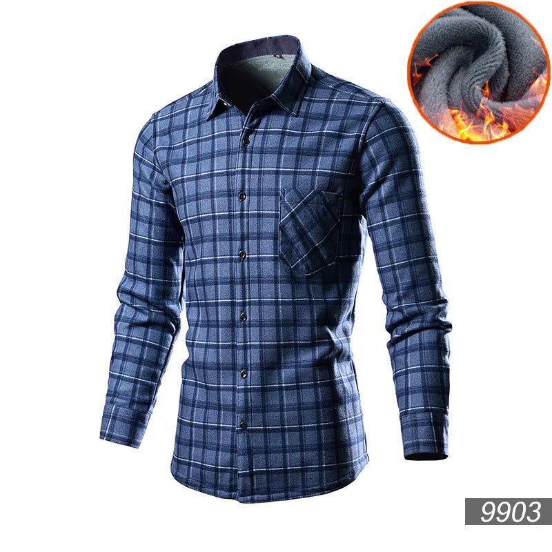 Men's long sleeve fleece-lined cotton blend cardigan shirt in a solid colour.