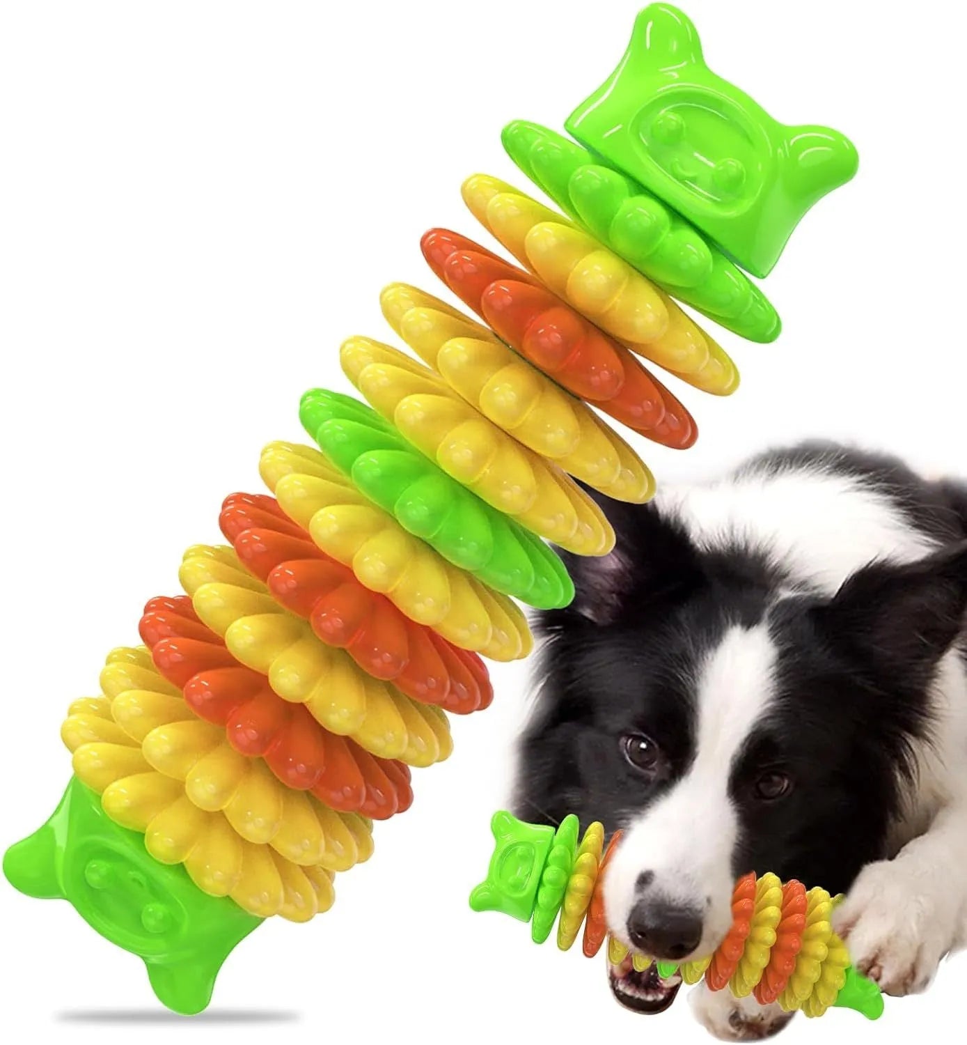 Blue green pink rubber caterpillar shape dog chew toy for aggressive chewers on a white background.