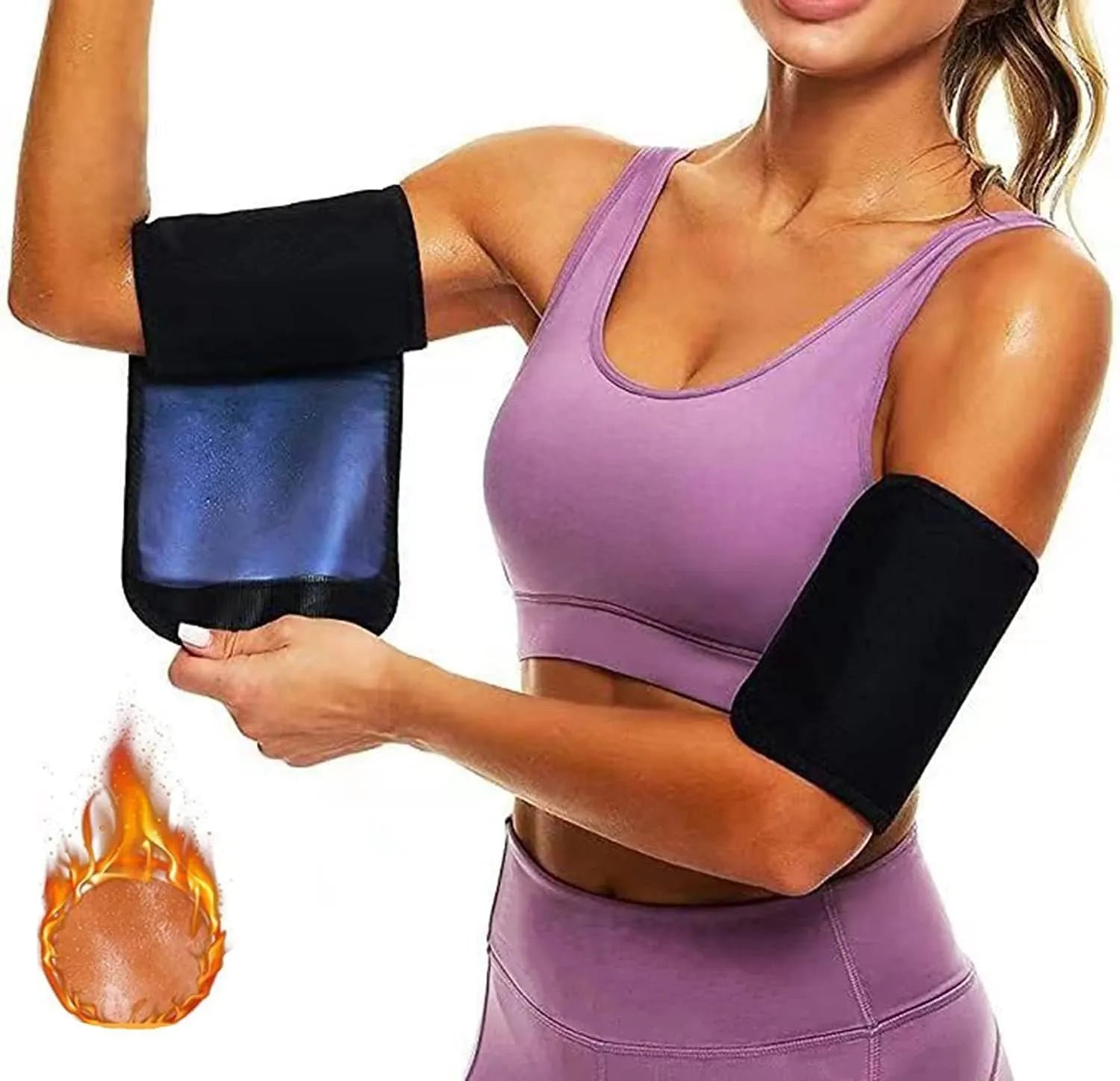 Adjustable arm compression sweatband in blue with hook-and-loop closure, worn on forearm.