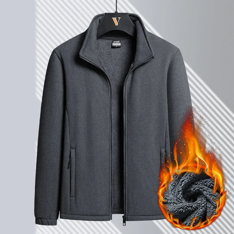 Man wearing a thick grey Berber fleece zip-up coat with a stand-up collar.