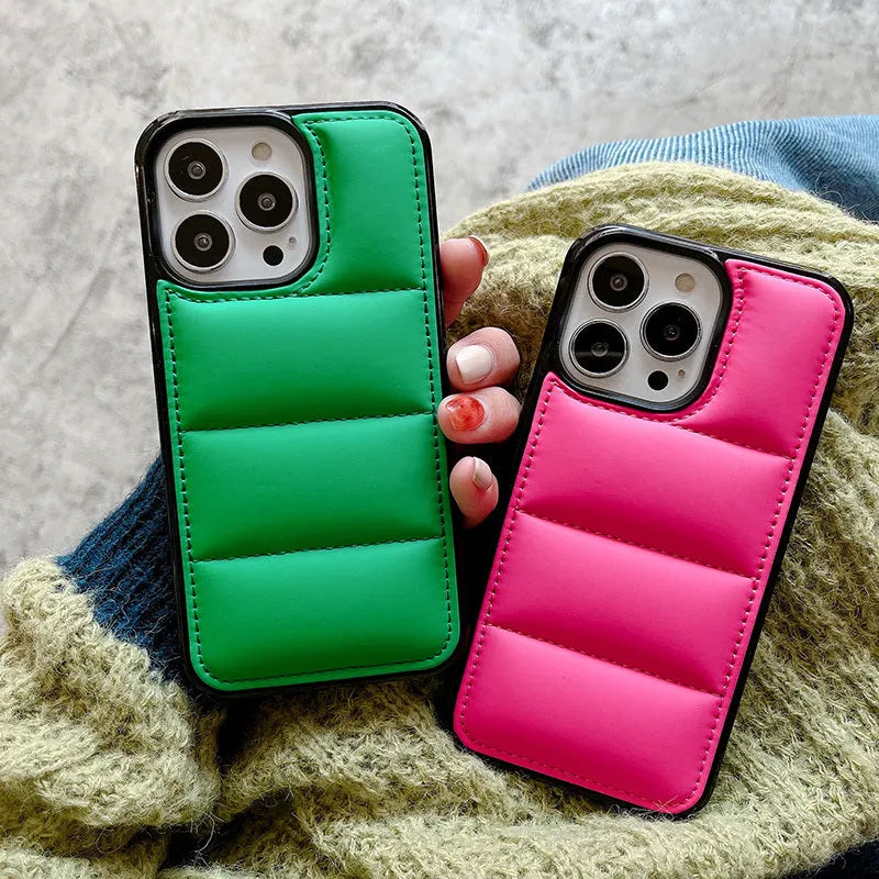Candy down jacket texture iPhone case in solid colours: black, white, rose red, green.