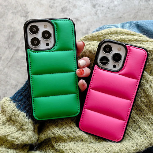 Candy down jacket texture iPhone case in solid colours: black, white, rose red, green.