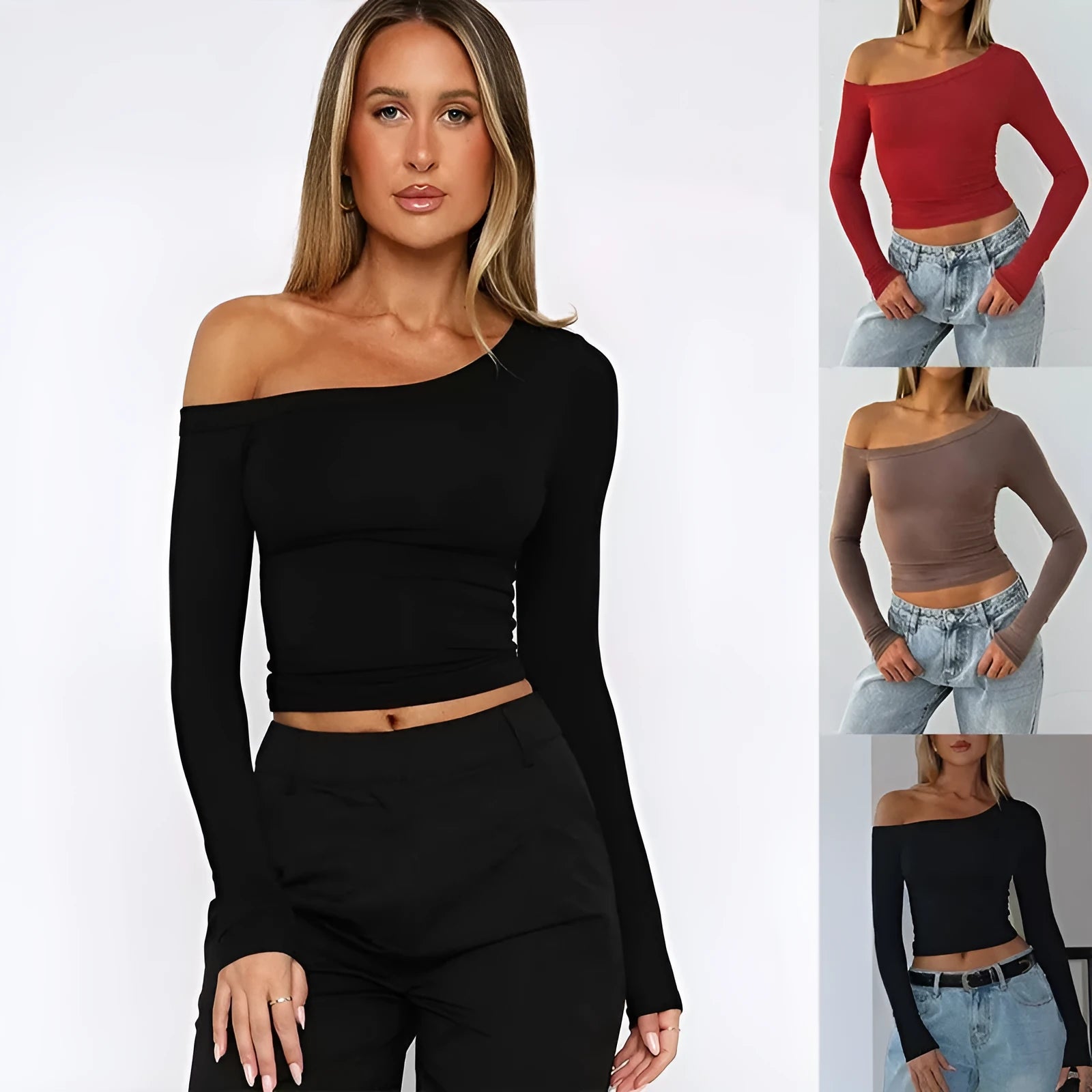 Women's black slim fit knitted cardigan pullover with long sleeves and cross-shoulder strap detail.