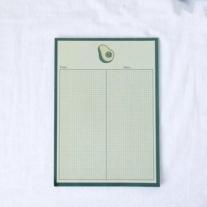Avocado bear cartoon sticky note paper pad showing 30 pages in small and large size options