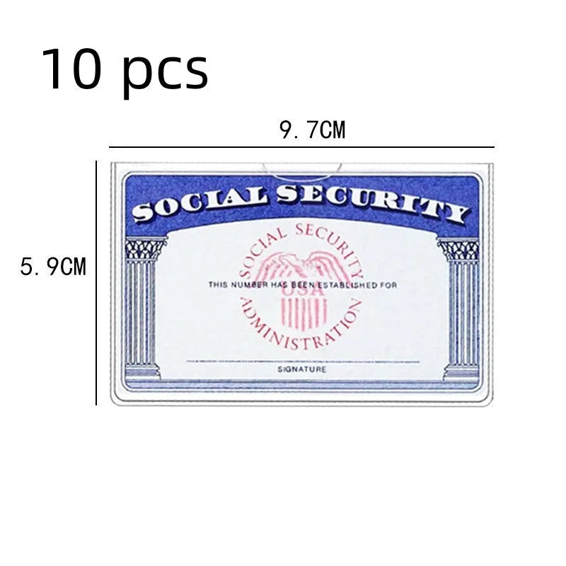 Transparent PVC social security card holder showing 9.7x5.9 cm waterproof ID protector