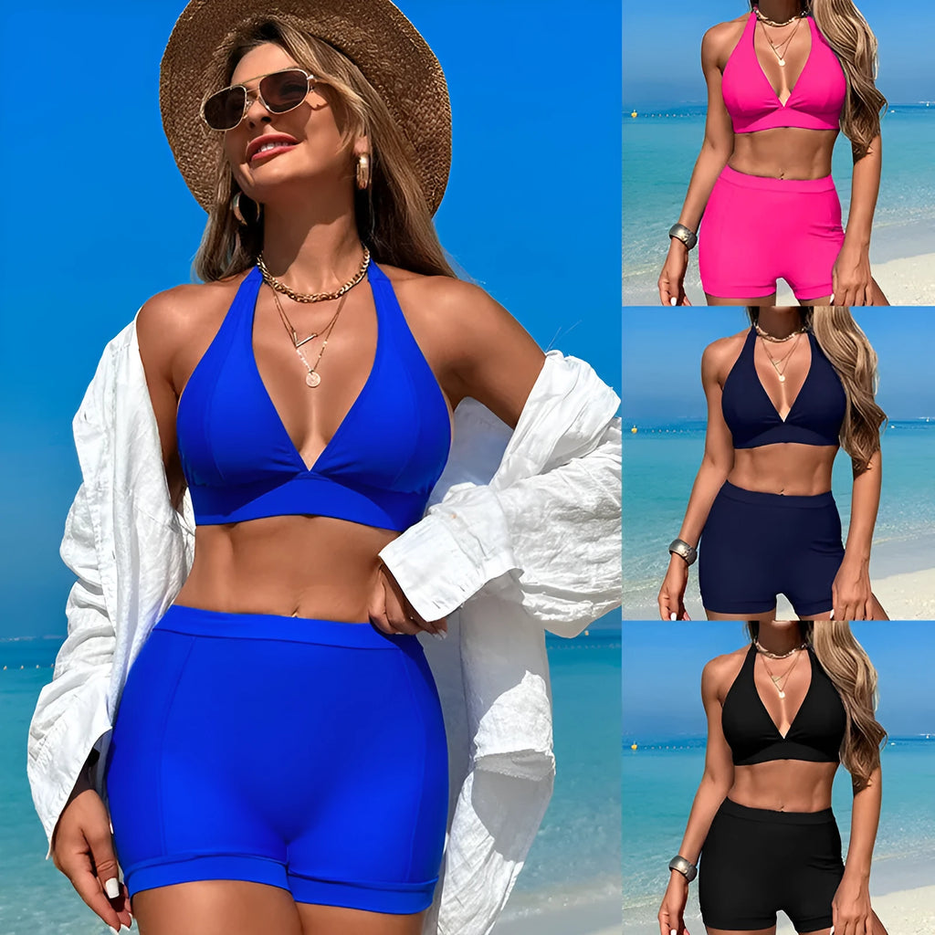 Women's nylon bikini swimsuit in black, pink, blue, and purple colour options