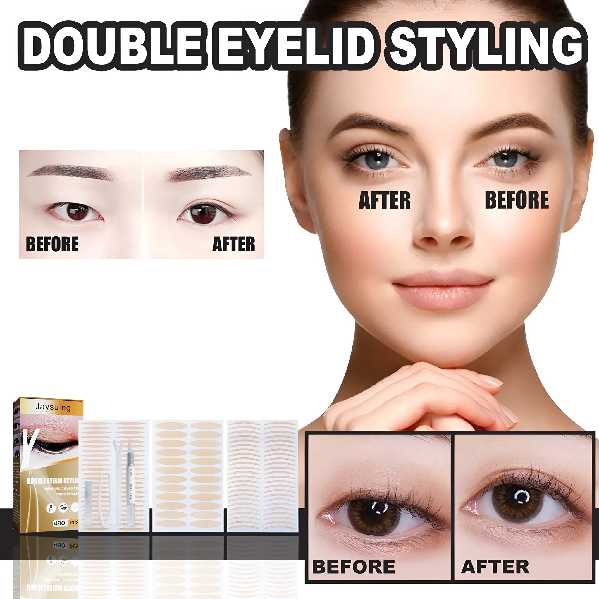Double eyelid sticker set with 480 invisible pieces, Y clip, small clip, spray bottle and styling cream for natural eyelid crease