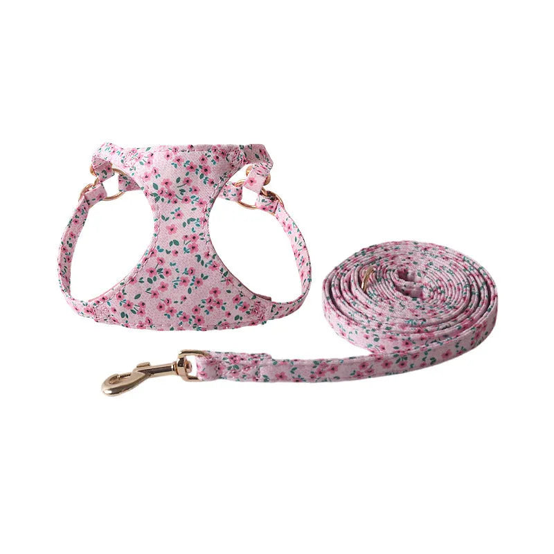 Floral pattern pet harness with matching leash for small dogs in multiple colour options