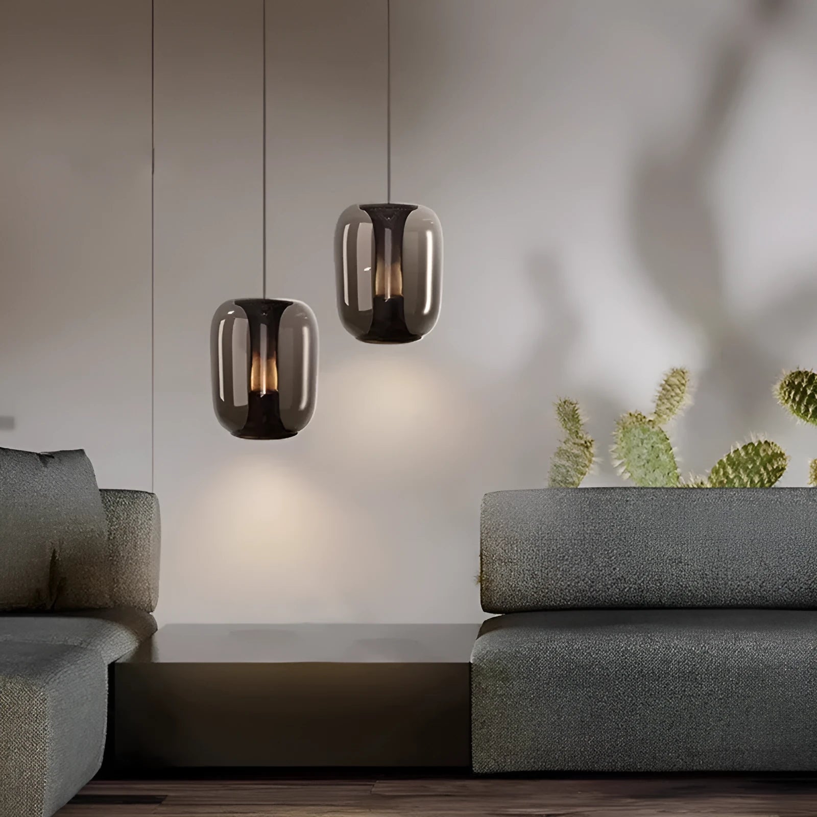 Minimalist Nordic glass chandelier pendant light in clear, cognac, or smoky grey, 16cm wide.