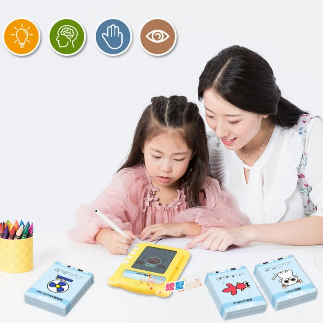 Yellow bilingual early learning machine with educational cards for letter and Chinese character practice