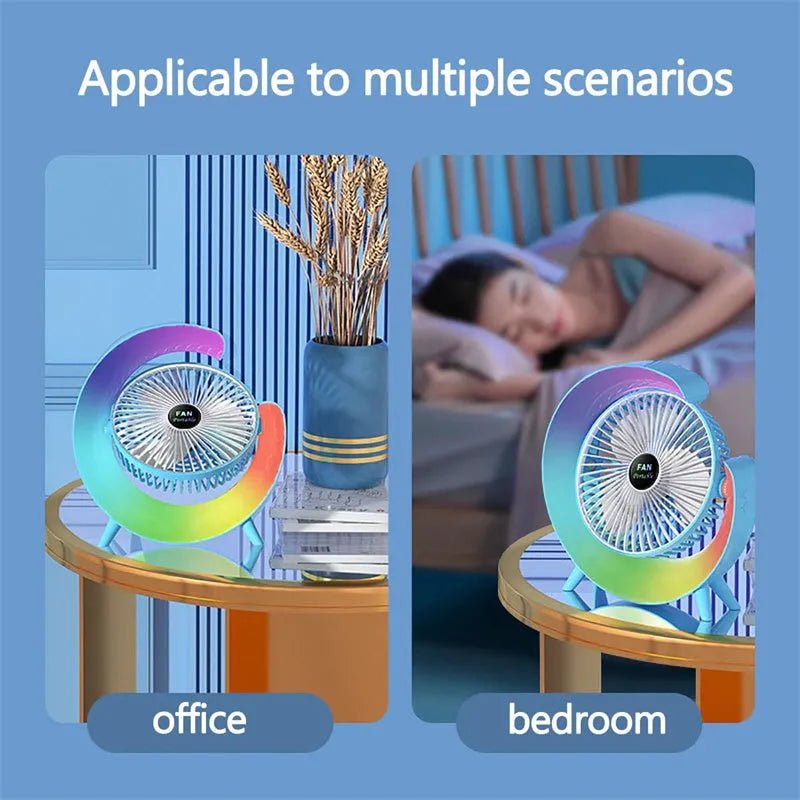 Desktop mini fan with night light in grass green showing 180-degree tilt and USB port
