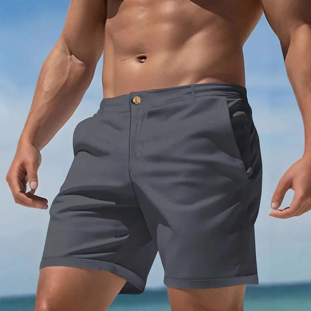 Men's solid colour casual shorts in cotton blend fabric with straight leg Korean style design.
